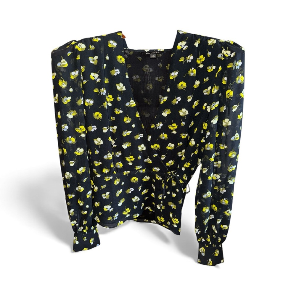 Banana Republic Black Floral Wrap Blouse Women’s Size XS Sheer Long Sleeve Top